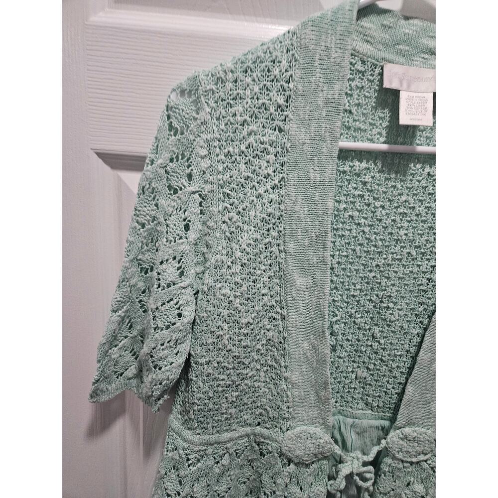 Soft Surroundings Pastel Green Teal Short Sleeve Cardigan Sweater Size M Crochet - Picture 3 of 12